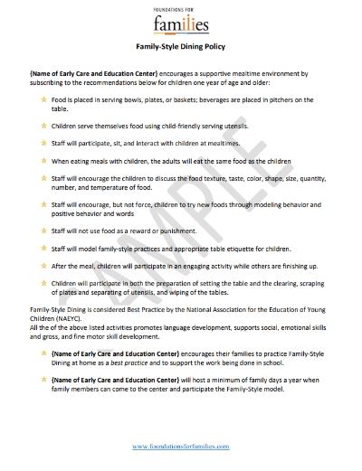 Sample policy for child care programs implementing family style dining